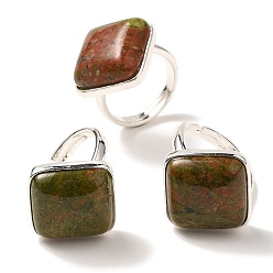 Унакит Регулируемые кольца из натурального унакита, с латунной основой, без свинца и без кадмия, ромб, ромб: 24x25 мм, размер США 9 3/4 (19.5 мм)