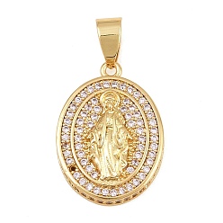 BrumosaRosa Micro latón allanan colgantes cúbicos del zirconia, óvalo con dijes de virgen maría, sin plomo y cadmio, chapado en rack, larga duración plateado, real 18 k chapado en oro, rosa brumosa, 21.5x16x4 mm, agujero: 4x6 mm