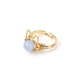Aquamarine Natural Aquamarine Adjustable Ring, Cat Shape Golden Brass Wire Wraped Ring, Wide: 8mm