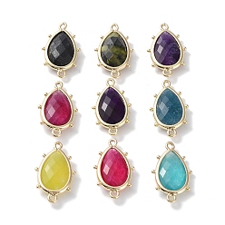 Mixed Stone Dyed Natural Jade & Natural African Turquoise(Jasper) Connector Charms, with Golden Plated Brass Edge Loops, Faceted, Teardrop, 24x14.5x5mm, Hole: 1.2mm & 1.4mm