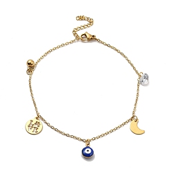 Moon Enamel Evil Eye & Cubic Zirconia & 304 Stainless Steel Charms Anklet, Word Love Anklet for Women, Golden, Moon Pattern, Moon: 10x7x0.7mm, 8-7/8 inch(22.5cm)