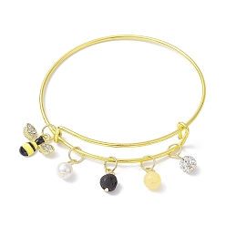 Golden Adjustable Iron Expandable Bangles, Bees Alloy Rhinestone & Shell Pearl & Mixed Stone Charms Bangle, Golden, Inner Diameter: 2-1/2 inch(6.2cm)