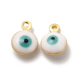 White 304 Stainless Steel Evil Eye Enamel Charms, Flat Round Charm, Golden, White, 7.5x6x3mm, Hole: 1mm