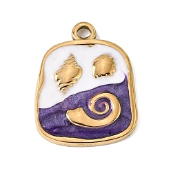 Purple 303 Stainless Steel Enamel Pendants, Rectangle with Conch Shape Charms, Ion Plating(IP), Golden, Purple, 26x20.5x2.5mm, Hole: 2.5mm