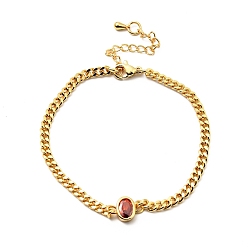 Orange Red Cubic Zirconia Oval Link Bracelet with Curb Chains, Gold Plated Brass Jewelry for Women, Lead Free & Cadmium Free, Orange Red, 7-1/4 inch(18.5cm)