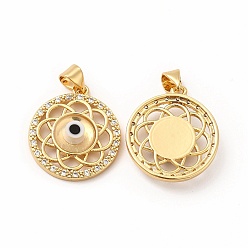 Beige Rack Plating Brass Micro Pave Clear Cubic Zirconia Pendants, with Handmade Evil Eye Lampwork, Cadmium Free & Lead Free, Long-Lasting Real 18K Gold Plated, Flat Round with Flower Charm, Beige, 21.5x19x4.5mm, Hole: 4.5x3.5mm