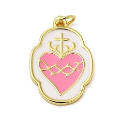 Pearl Pink Rack Plating Brass pendants, with Glass Beads, Lead Free & Cadmium Free, Real 18K Gold Plated, Heart, Pearl Pink, 22x15.5x1.5mm