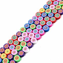 Colorful Handmade Polymer Clay Beads Strand, Flat Round with Flower & Smiling Face, Colorful, 9.5x4.5mm, Hole: 1.5mm, about 40pcs/strand, 14.25 inch~14.49 inch(36.2~36.8cm)