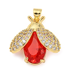 Красный Покрытие стойки латунь микропаве прозрачные подвески из кубического циркония, со стеклом, долговечный, без кадмия и без свинца, прелести божьей коровки, красные, 23x22.5x9.5 мм, отверстие : 4x3.5 мм