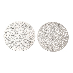 Platinum Long-Lasting Plated Brass Connector Charms, Etched Metal Embellishments, Flat Round with Flower, Platinum, 30x0.3mm, Hole: 1.5mm