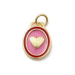 Pink Laiton émail pendentifs, ovale avec breloques coeur, crémaillère plaquage, plaqué longue durée, sans cadmium et sans plomb, réel 18 k plaqué or, avec anneau de saut, rose, 14x10x2mm, Trou: 3.2mm
