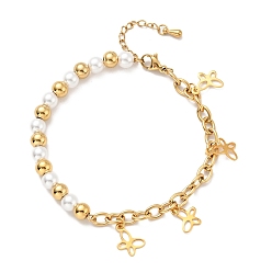 Golden 201 Stainless Steel Butterfly Charm Bracelet, Plastic Pearl Beaded Bracelet with Vacuum Plating 304 Stainless Steel Cable Chains for Women, Golden, 7-1/2 inch(19cm)