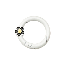 White Spray Painted Alloy Spring Gate Ring, Ring with Flower, White, 27x4mm, Hole: 1.3mm