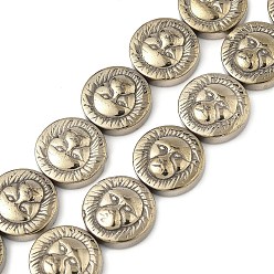 (252) Цвет внутри: морской / фиолетовый на подкладке Гальванические нити из синтетических немагнитных гематитовых бусин, плоский круг с вырезанной головой животного, античная бронза покрытие, 12x4 мм, отверстие : 0.8 мм, около 33 шт / нитка, 15.59~15.75'' (39.6~40 см)