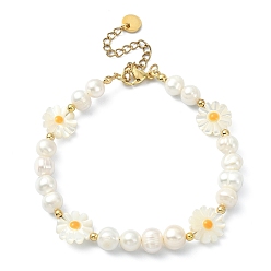 Golden Flower Natural Pearl & Shell Beaded Bracelets for Women, with 304 Stainless Steel Finding, Golden, 7-7/8 inch(20cm)