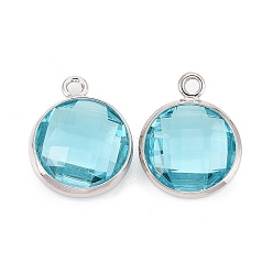 Light Blue Glass Charms, with Platinum Plated Brass Findings, Long-Lasting Plated, Lead Free & Nickel Free & Cadmium Free, Faceted Flat Round, Light Blue, 6x4x1.5mm, Hole: 0.9mm