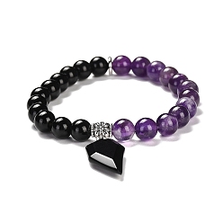 Аметист Эластичные круглые браслеты из натурального аметиста и черного обсидиана, с половинчатыми сердечками, внутренний диаметр: 2-1/8 дюйм (5.5 см)