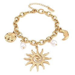 Золотой 304 Браслеты из нержавеющей стали и пластика с имитацией жемчужных подвесок, браслеты-цепочки для женщин, солнце, луна и морской доллар, золотые, 7.01 дюйм (17.8 см)
