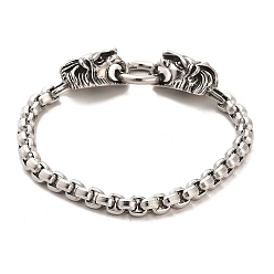 Antique Silver 304 Stainless Steel Box Chain Bracelets with Lion Clasps, Antique Silver, 8-1/2 inch(21.5cm)