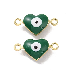 Green Brass Enamel Connector Charms, Real 18K Gold Plated, Heart with Evil Eye Pattern, Green, 7x14x3.5mm, Hole: 1.2mm