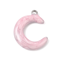 Pink 304 Stainless Steel with Enamel Pendants, Moon Charms, Stainless Steel Color, Pink, 19x15x3.5mm, Hole: 1.8mm