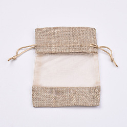 Tan Cotton Packing Pouches, Drawstring Bags, with Organza Ribbons, Tan, 14~15x10~11cm