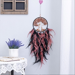 Indian Red Tree of Life Natural Red Agate Chips Woven Web/Net with Feather Decorations, for Home Bedroom Hanging Decorations, Indian Red, 160mm