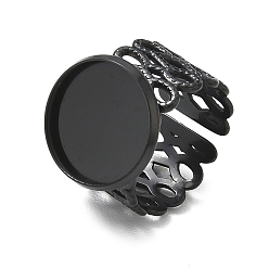 Black 304 Stainless Steel Cuff Ring Components, Round Bezel Pad Ring Setting, Ion Plating(IP), Long-Lasting Plated, Black, 18mm, Tray Size: 16mm