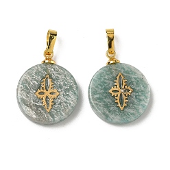 Амазонит Природные подвески амазонит, плоские круглые подвески золотистого оттенка 304 кусочки цветов из нержавеющей стали и латунные застежки-кнопки, 19~20.2x16~16.3x3.3~4.2 мм, отверстие : 6x3 мм