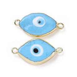 Light Sky Blue Handmade Horse Eye Evil Eye Lampwork Links Connectors, with Golden Tone Brass Finding, Long-Lasting Plated, Cadmium Free & Lead Free, Light Sky Blue, 14x28x5mm, Hole: 1.8mm