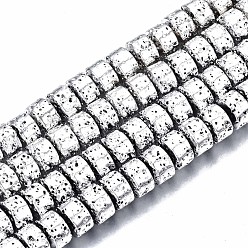 Silver Electroplated Natural Lava Rock Beads Strands, Flat Round, Bumpy, Silver, 8.5x6mm, Hole: 1mm, about 67pcs/strand, 15.63 inch(39.7cm)