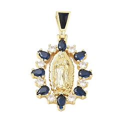 Marine Blue Religion Brass Pave Cubic Zirconia Pendants, with Enamel, Oval with Virgin Charms, Lead Free & Cadmium Free, Long-Lasting Plated, Rack Plating, Real 18K Gold Plated, Marine Blue, 36mm, Pendant: 29x20x4mm, Hole: 5.5x3mm
