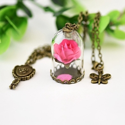 Hot Pink Butterfly & Key & Glass Dried Flower Wishing Bottle Pendant Necklace, with Antique Bronze Alloy Cable Chains, Hot Pink, 33.46 inch(85cm)
