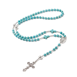 Dark Turquoise Natural Lava Rock & Synthetic Turquoise Rosary Bead Necklace, Alloy Cross with Virgin Mary Pendant Necklace for Women, Dark Turquoise, 24.80 inch(63cm)