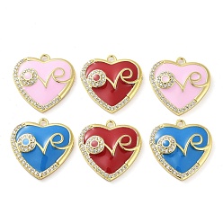 Mixed Color Brass Micro Pave Clear Cubic Zirconia Pendants, with Enamel, Real 18K Gold Plated, Heart Charm, Mixed Color, 20.5x20x4mm, Hole: 1.8mm