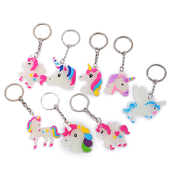 Mixed Color Luminous PVC Plastic Keychain, with Iron Key Ring, Glow In The Dark, Unicorn, Mixed Color, 4.5x4cm