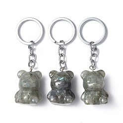 Labradorite Natural Labradorite Pendant Keychains, with Iron Keychain Clasps, Bear, 8cm