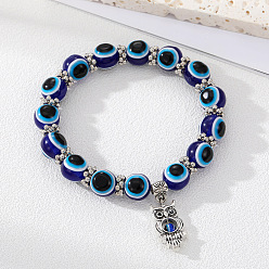 4# Blue Beaded Owl Bracelet Vintage Evil Eye Handmade Animal Bead Bracelet with Fatima Charm - 10mm