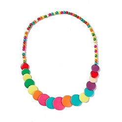 Colorful Wood Flat Round Beaded Necklace, Bohemia Jewelry for Women, Colorful, 32.28 inch(82cm)