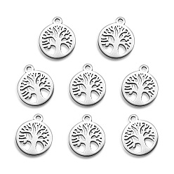 Stainless Steel Color 304 Stainless Steel Charms, Laser Cut, Flat Round with Tree, Stainless Steel Color, 12x10x1mm, Hole: 1.2mm
