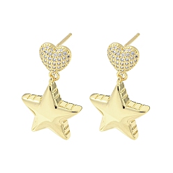 Star Rack Plating Real 18K Gold Plated Brass Micro Pave Cubic Zirconia Dangle Stud Earrings, Long-Lasting Plated, Lead Free & Cadmium Free, Star, 30x18mm