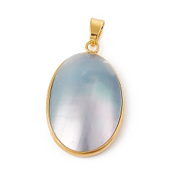 Aqua Natural Shell Pendants, Oval Charms, with Rack Plating Golden Tone Brass Findings, Aqua, 35x21.5x7.5mm, Hole: 4.5x6.5mm