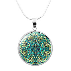 Medium Turquoise Glass Mandala Flower Dome Pendant Necklace, Platinum Brass Jewelry for Women, Medium Turquoise, 24.21 inch(61.5cm)