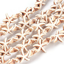 Beige Gemstone Beads Strands, Synthetical Turquoise, Starfish/Sea Stars, Beige, 15x15x5.5mm, Hole: 1.5mm, about 36~38pcs/strand, 14.56 inch~15.15 inch