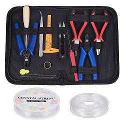 Mixed Color Jewelry Tool Sets, with Jewelry Pliers, Stainless Steel Bead Awls, Scissors, Stainless Steel Beading Tweezers and Elastic Crystal Thread, Mixed Color, 22x14.5x3cm