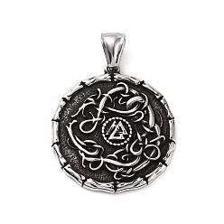Antique Silver 304 Stainless Steel Pendants, Flat Round with Valknut, Antique Silver, 36x32x3mm, Hole: 4x8mm
