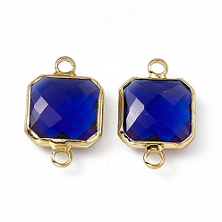 Capri Blue Transparent K9 Glass Connector Charms, with Light Gold Plated Brass Findings, Faceted, Square Links, Capri Blue, 19.5x12.5x4.5mm, Hole: 2.2mm