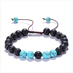 Turquoise style Adjustable Lava Stone Braided Couple Bracelet with 8mm Turquoise Gemstone - Energy Boosting Jewelry