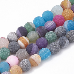 Mixed Color Dyed Natural Striped Agate/Banded Agate Beads Strands, Frosted, Round, Mixed Color, 6~6.5mm, Hole: 1mm, about 63pcs/strand, 15.5 inch
