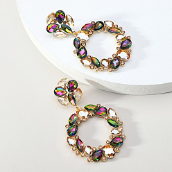 Mixed Color Exaggerated Fashion Crystal Alloy Round Earrings with Unique Design Sense, Mixed Color, 1mm
